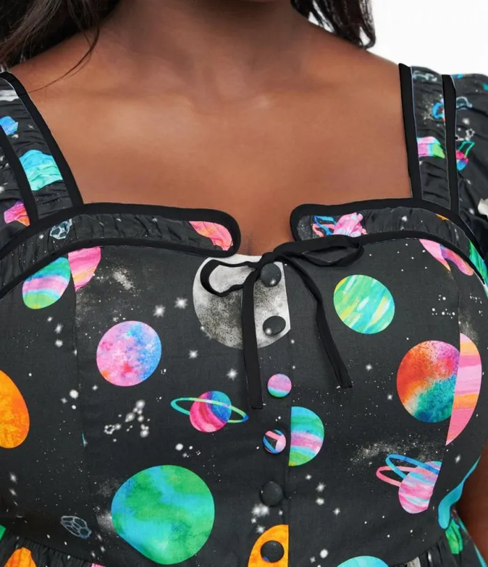 Plus Size 1940s Black Planet Print Button Front Dress DressesPlus Unique Vintage Swing