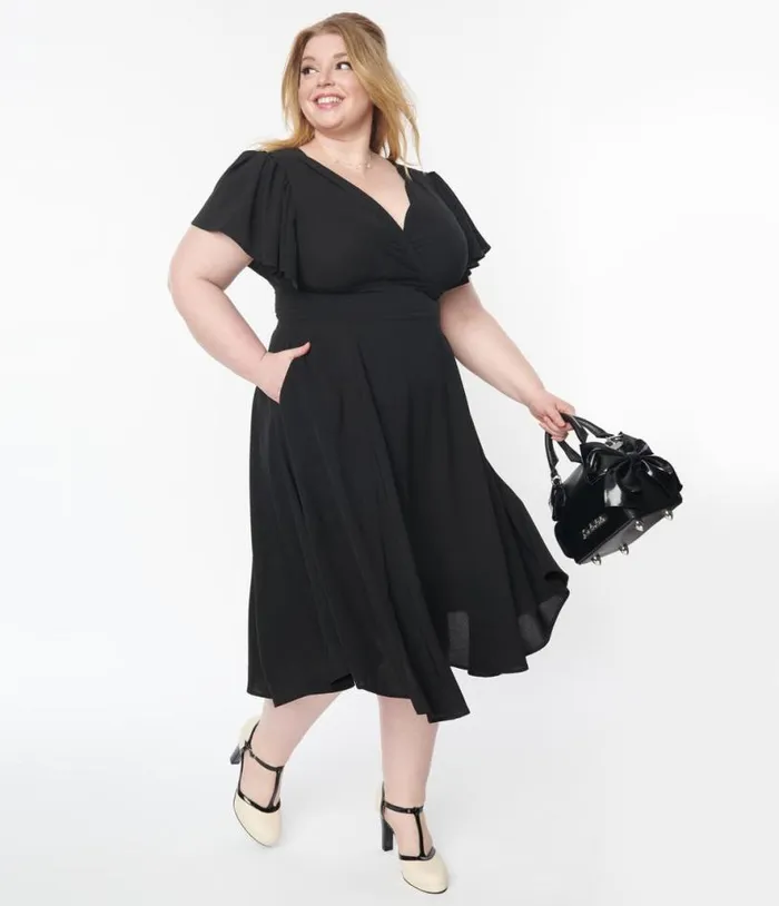 Plus Size 1940s Black Texture Swing Dress DressesPlus Unique Vintage Pocket Dresses Plus Size 1940s Black Texture Swing Dress DressesPlus Unique Vintage Pocket Dresses