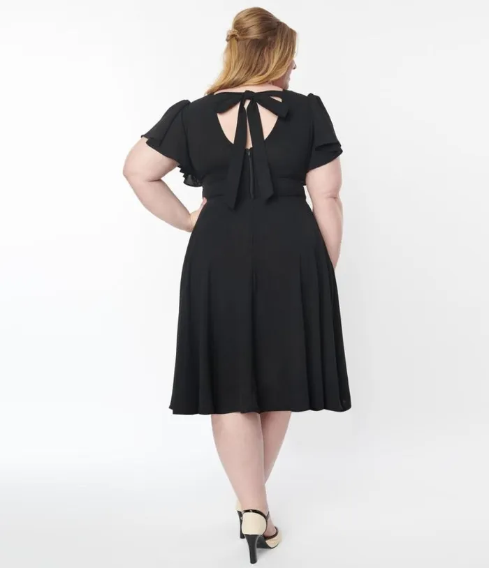 Plus Size 1940s Black Texture Swing Dress DressesPlus Unique Vintage Pocket Dresses