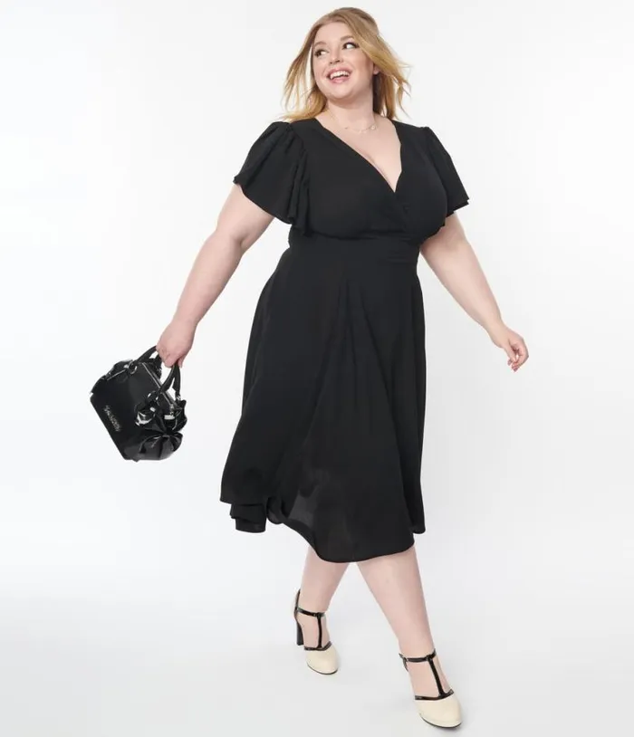 Plus Size 1940s Black Texture Swing Dress DressesPlus Unique Vintage Pocket Dresses