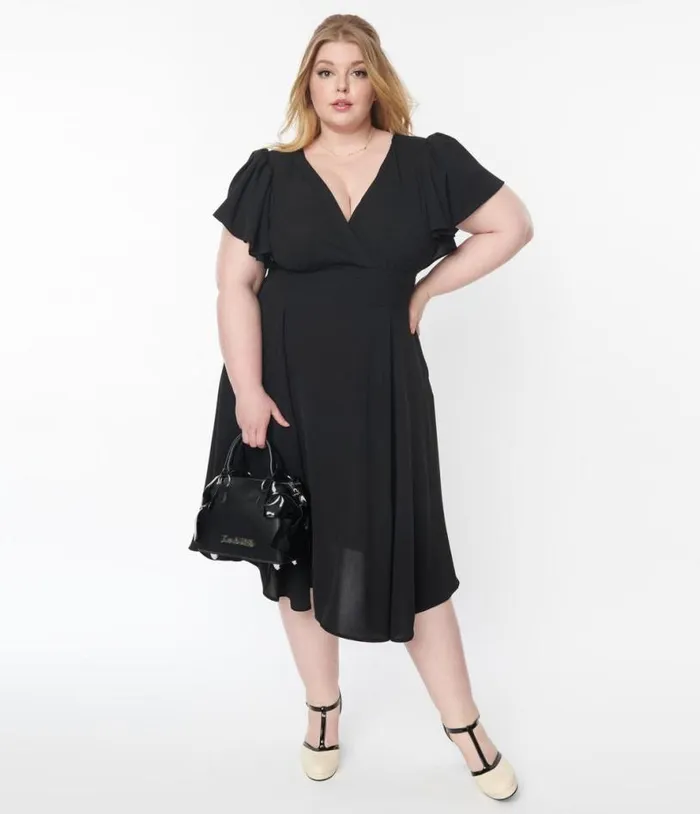 Plus Size 1940s Black Texture Swing Dress DressesPlus Unique Vintage Pocket Dresses
