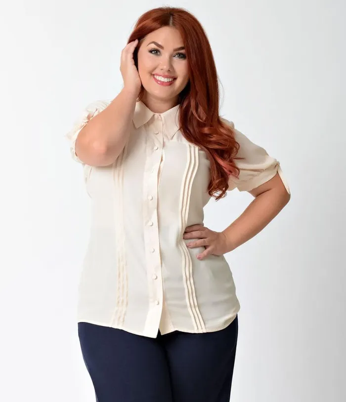 Plus Size 1940s Cream Short Sleeve Colvin Blouse ClothingPlus Unique Vintage Blouses
