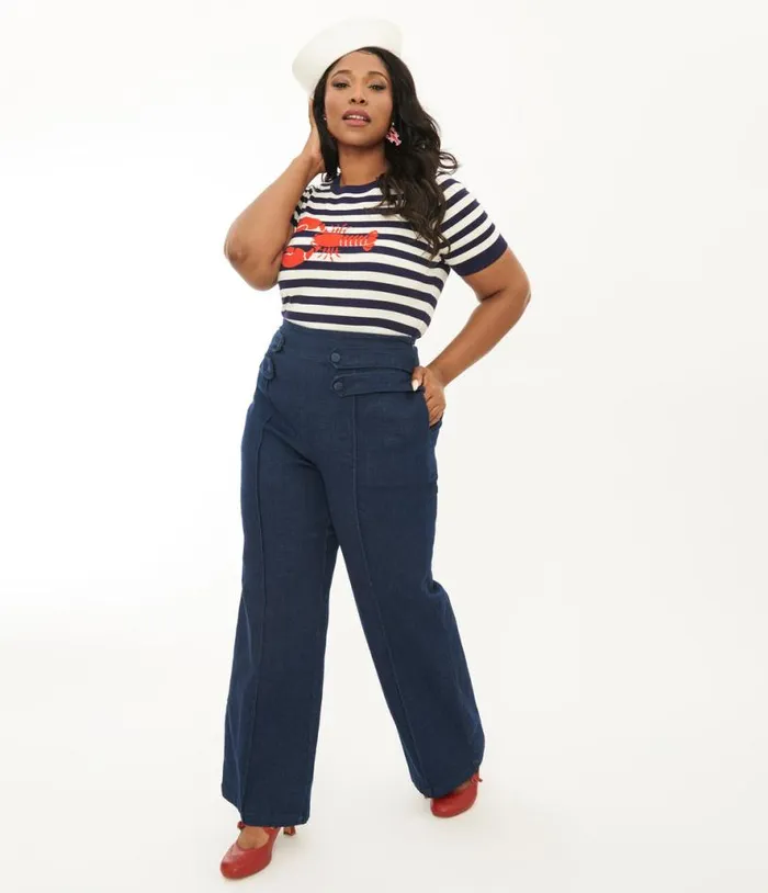 Plus Size 1940s Denim High Waist Wide Leg Tab Pants ClothingPlus Unique Vintage Pants Plus Size 1940s Denim High Waist Wide Leg Tab Pants ClothingPlus Unique Vintage Pants