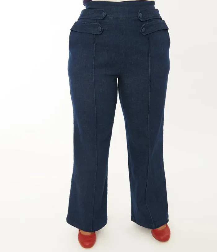 Plus Size 1940s Denim High Waist Wide Leg Tab Pants ClothingPlus Unique Vintage Pants
