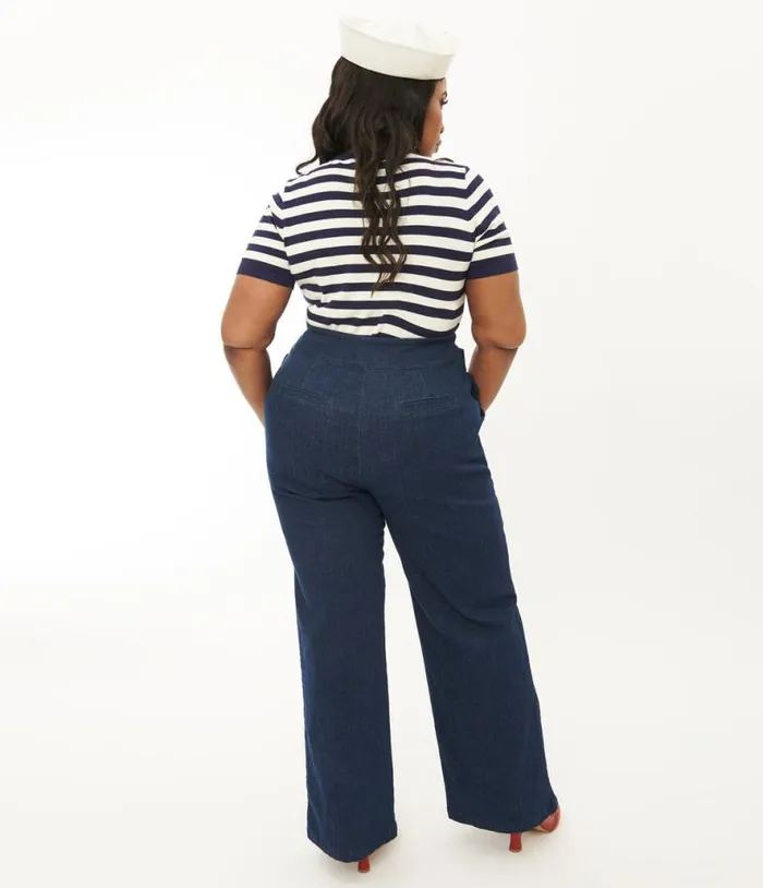 Plus Size 1940s Denim High Waist Wide Leg Tab Pants ClothingPlus Unique Vintage Pants