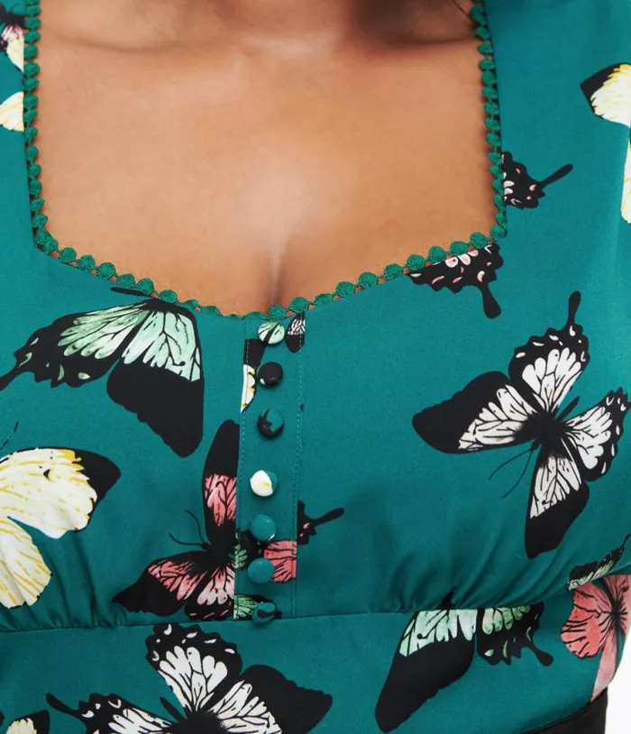 Plus Size 1940s Green Butterfly Print Midi Dress Dresses Unique Vintage Pocket Dresses