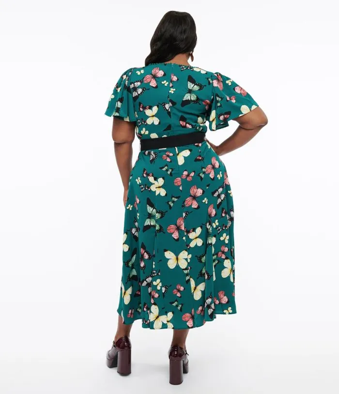 Plus Size 1940s Green Butterfly Print Midi Dress Dresses Unique Vintage Pocket Dresses