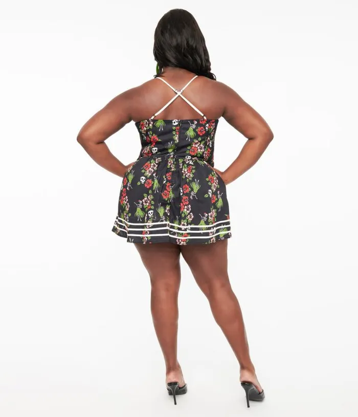 Plus Size 1940s Hula Skeletons Smocked Cotton Skirted Romper ClothingPlus Unique Vintage Rompers and Jumpsuits