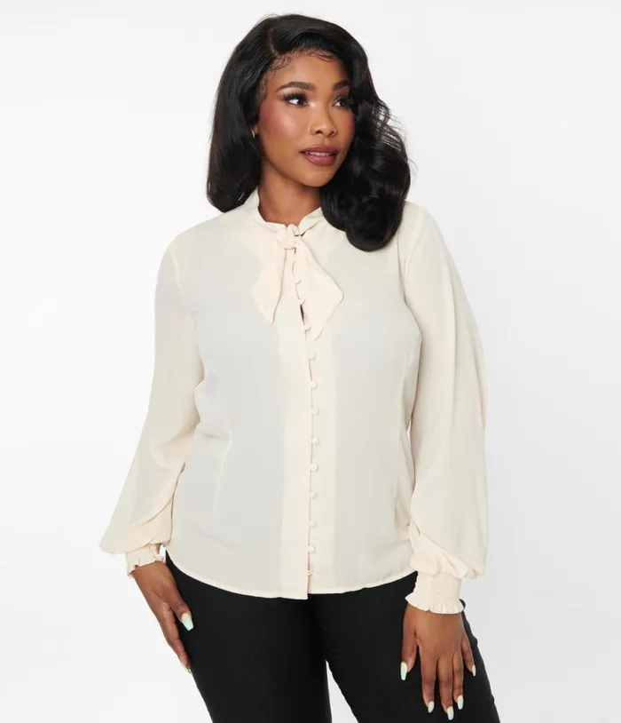 Plus Size 1940s Ivory Neck Tie Blouse ClothingPlus Unique Vintage Blouses