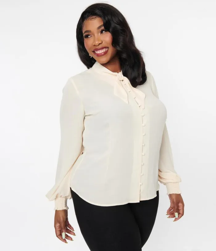 Plus Size 1940s Ivory Neck Tie Blouse ClothingPlus Unique Vintage Blouses