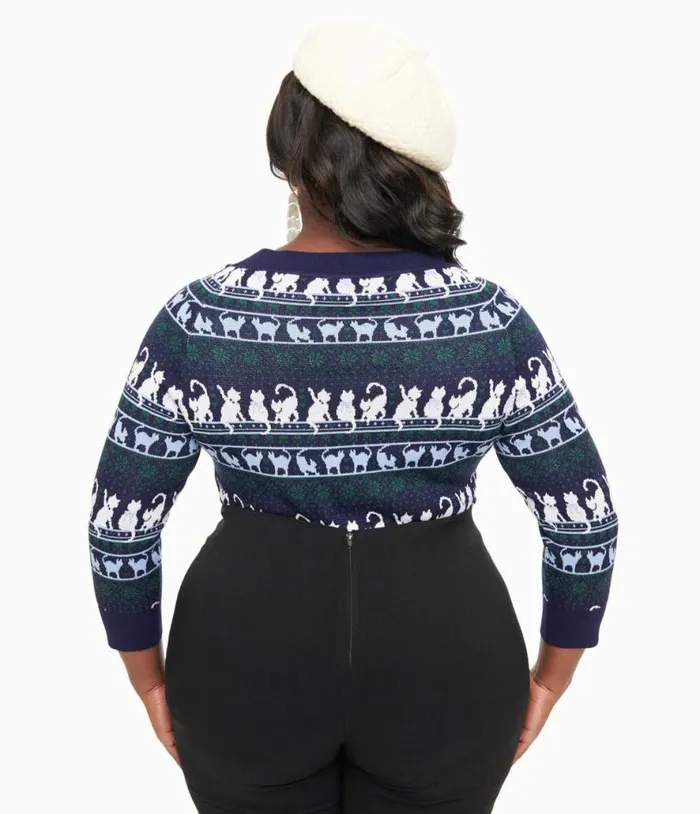 Plus Size 1940s Navy and White Cat Pattern Lorelai Sweater ClothingPlus Unique Vintage Sweaters and Cardigans