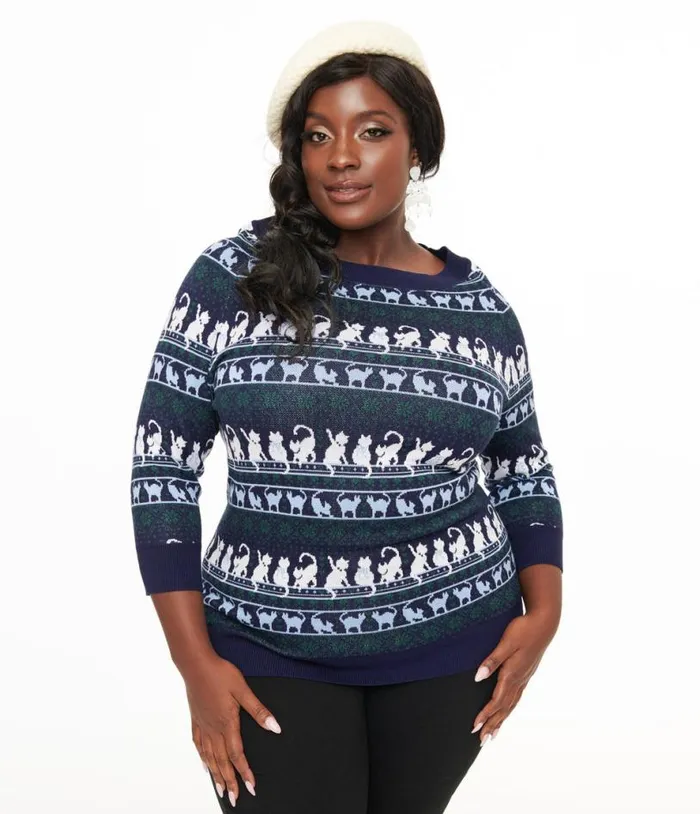 Plus Size 1940s Navy and White Cat Pattern Lorelai Sweater ClothingPlus Unique Vintage Sweaters and Cardigans