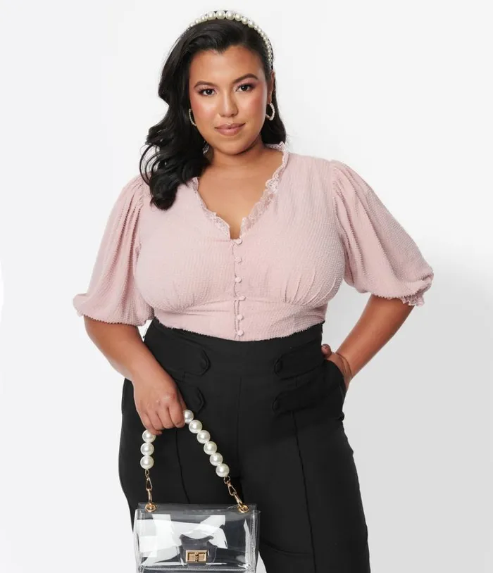 Plus Size 1940s Pink Clip Dot Puff Sleeve Blouse ClothingPlus Unique Vintage Blouses Plus Size 1940s Pink Clip Dot Puff Sleeve Blouse ClothingPlus Unique Vintage Blouses