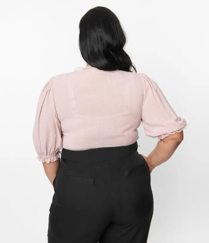 Plus Size 1940s Pink Clip Dot Puff Sleeve Blouse ClothingPlus Unique Vintage Blouses