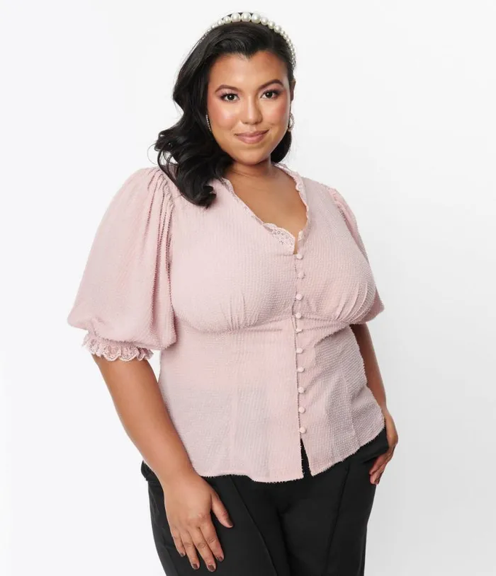 Plus Size 1940s Pink Clip Dot Puff Sleeve Blouse ClothingPlus Unique Vintage Blouses