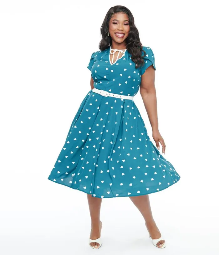 Plus Size 1940s Teal and White Heart Dahlia Swing Dress Dresses Unique Vintage Pocket Dresses Plus Size 1940s Teal and White Heart Dahlia Swing Dress Dresses Unique Vintage Pocket Dresses