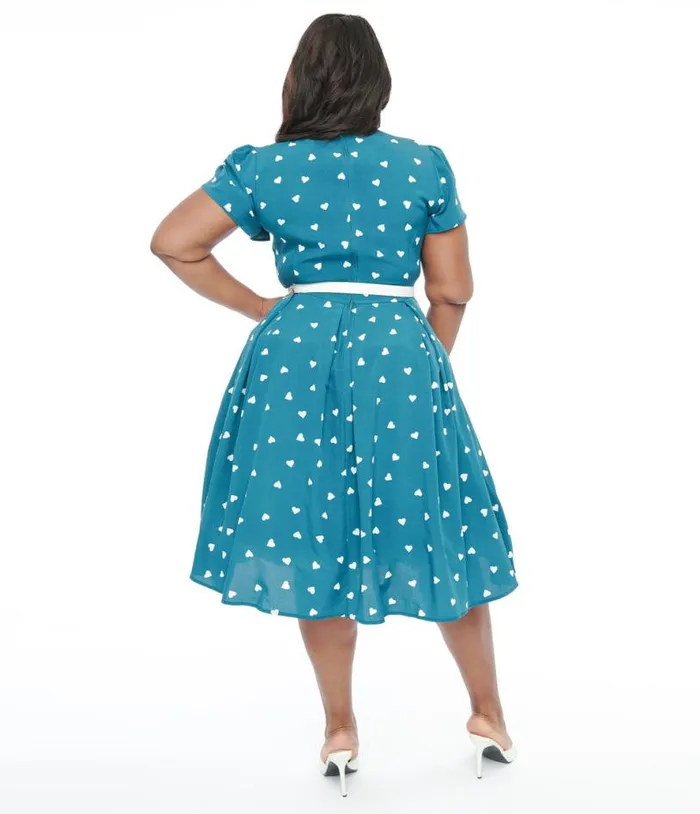 Plus Size 1940s Teal and White Heart Dahlia Swing Dress Dresses Unique Vintage Pocket Dresses