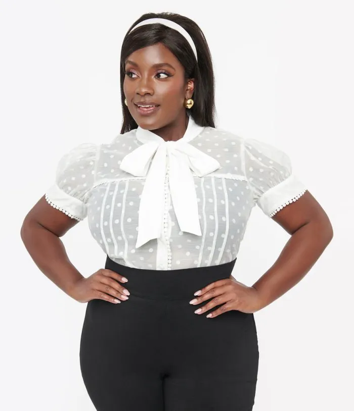 Plus Size 1940s White Dot Tie Neck Blouse ClothingPlus Unique Vintage Blouses Plus Size 1940s White Dot Tie Neck Blouse ClothingPlus Unique Vintage Blouses