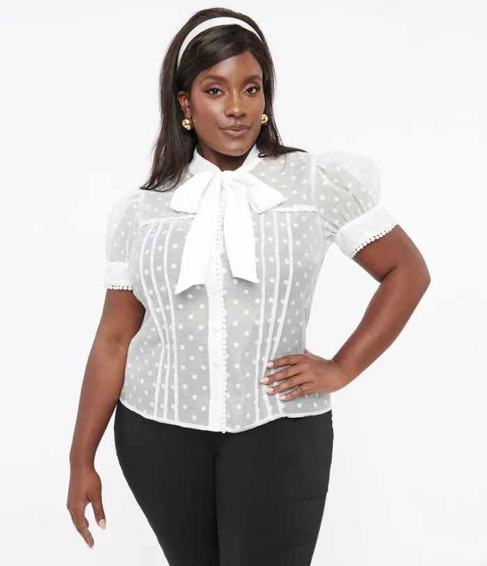 Plus Size 1940s White Dot Tie Neck Blouse ClothingPlus Unique Vintage Blouses
