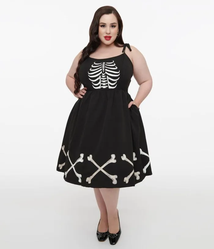 Plus Size 1950s Black and Glow In The Dark Skeleton Bobbie Swing Dress DressesHalloweenPlus Unique Vintage Pocket Dresses