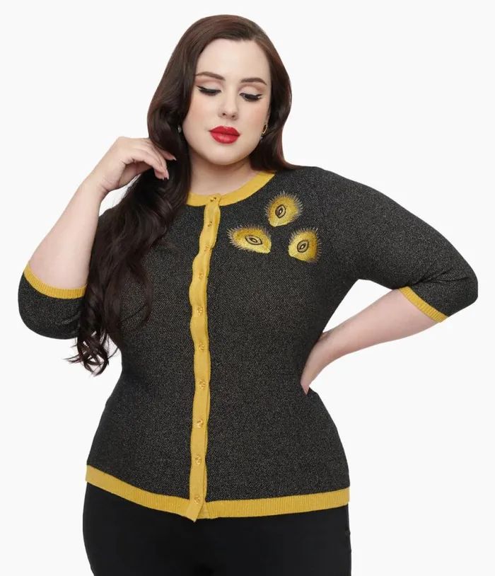 Plus Size 1950s Black and Gold Peacock Feather Embroidered Bookworm Cardigan Clothing Unique Vintage Sweaters and Cardigans Plus Size 1950s Black and Gold Peacock Feather Embroidered Bookworm Cardigan Clothing Unique Vintage Sweaters and Cardigans