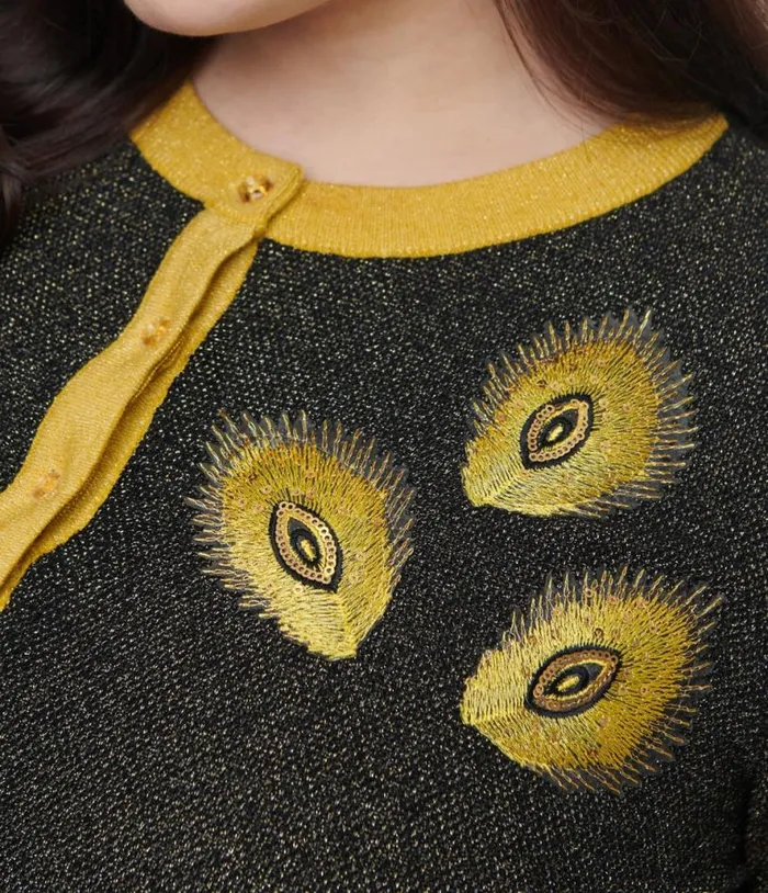 Plus Size 1950s Black and Gold Peacock Feather Embroidered Bookworm Cardigan Clothing Unique Vintage Sweaters and Cardigans