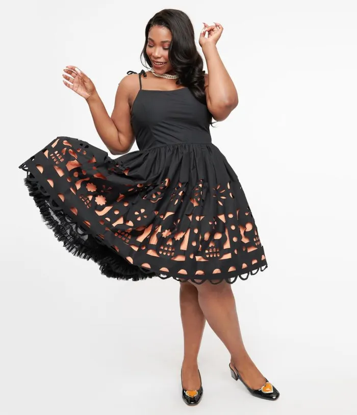 Plus Size 1950s Black and Orange Dia De Los Muertos Cutout Bobbie Swing Dress Halloween Unique Vintage Dresses Plus Size 1950s Black and Orange Dia De Los Muertos Cutout Bobbie Swing Dress Halloween Unique Vintage Dresses