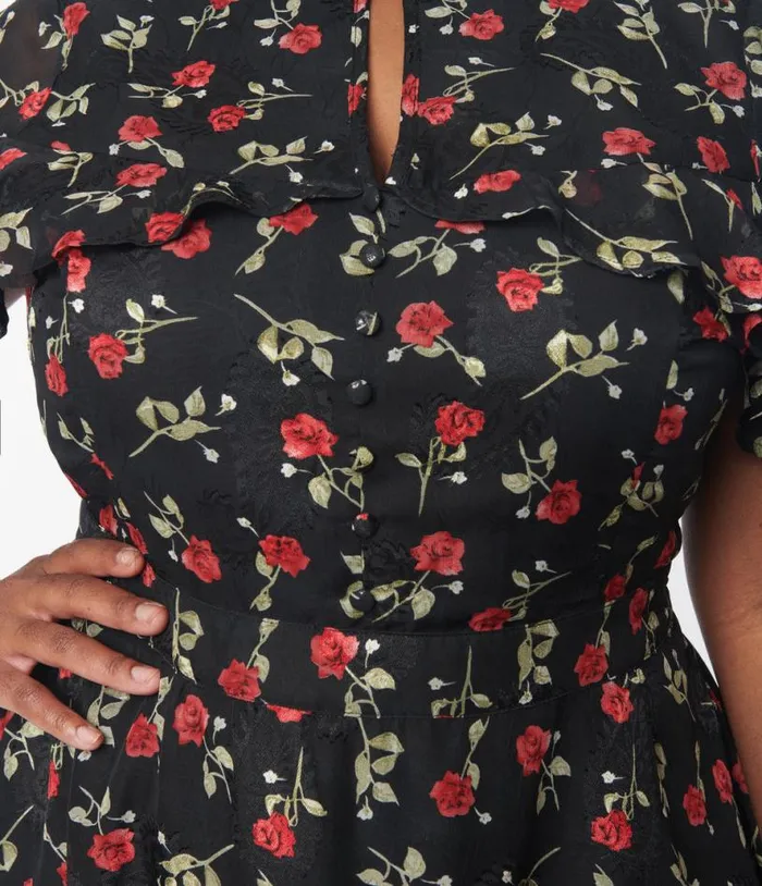 Plus Size 1950s Black and Red Rose Capulet Fit and Flare Dress DressesPlus Unique Vintage Fit and Flare