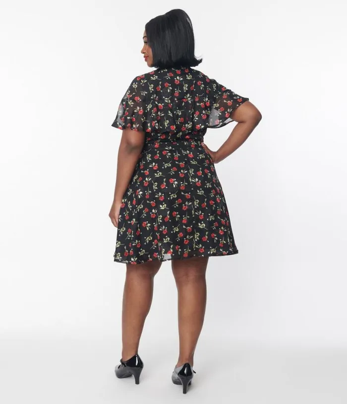 Plus Size 1950s Black and Red Rose Capulet Fit and Flare Dress DressesPlus Unique Vintage Fit and Flare