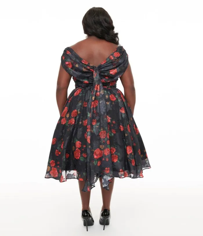Plus Size 1950s Black and Red Rose Off The Shoulder Cocktail Dress DressesPlus Unique Vintage Swing
