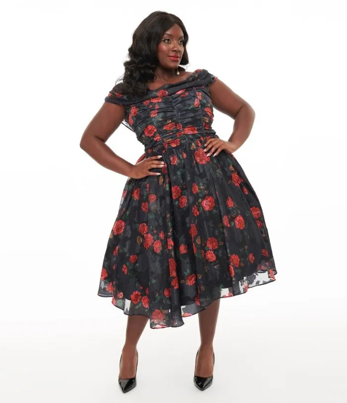 Plus Size 1950s Black and Red Rose Off The Shoulder Cocktail Dress DressesPlus Unique Vintage Swing