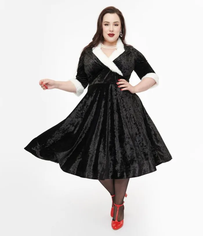 Plus Size 1950s Black Crushed Velvet and White Fur Delores Swing Dress DressesPlus Unique Vintage Swing Plus Size 1950s Black Crushed Velvet and White Fur Delores Swing Dress DressesPlus Unique Vintage Swing