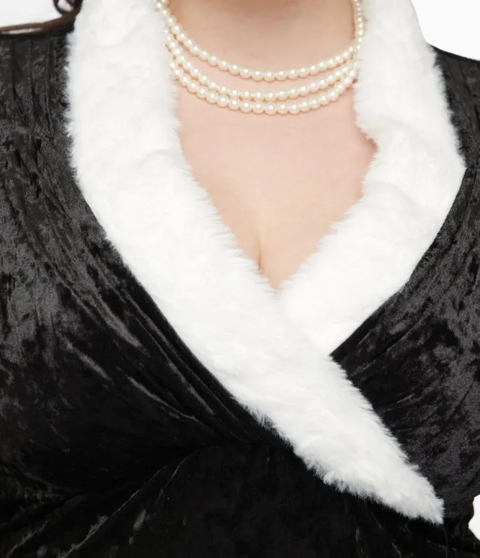 Plus Size 1950s Black Crushed Velvet and White Fur Delores Swing Dress DressesPlus Unique Vintage Swing