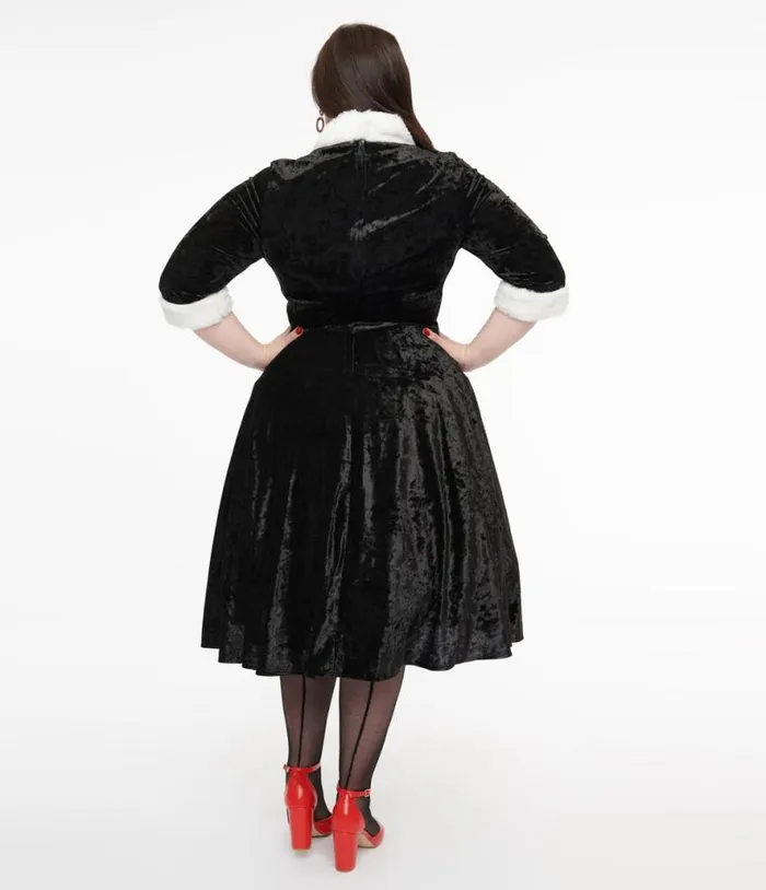 Plus Size 1950s Black Crushed Velvet and White Fur Delores Swing Dress DressesPlus Unique Vintage Swing