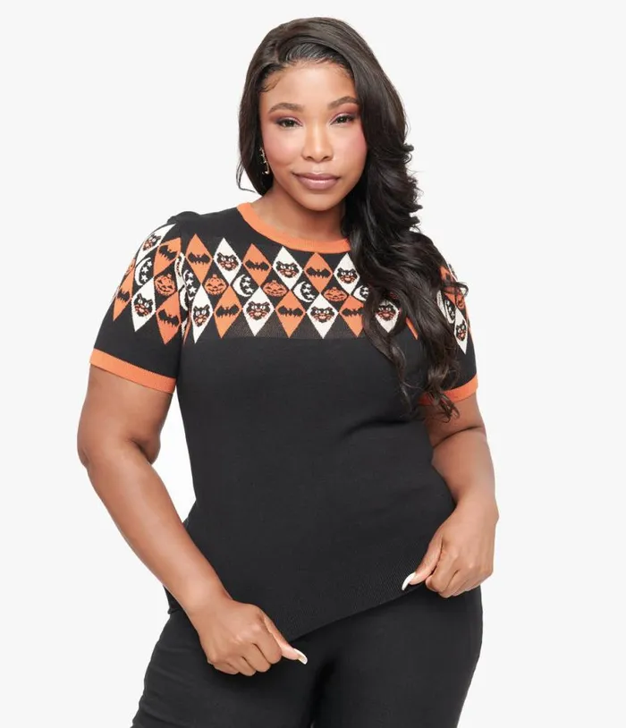 Plus Size 1950s Black Halloween Argyle Sweater ClothingHalloweenPlus Unique Vintage Sweaters and Cardigans
