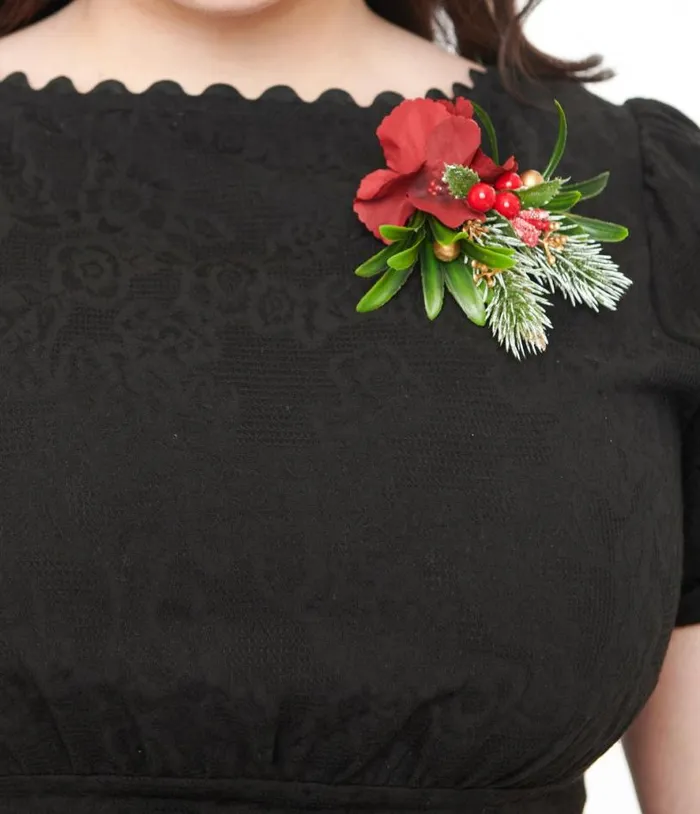 Plus Size 1950s Black Holiday Floral Pin Cotton Swing Dress DressesPlus Unique Vintage Swing