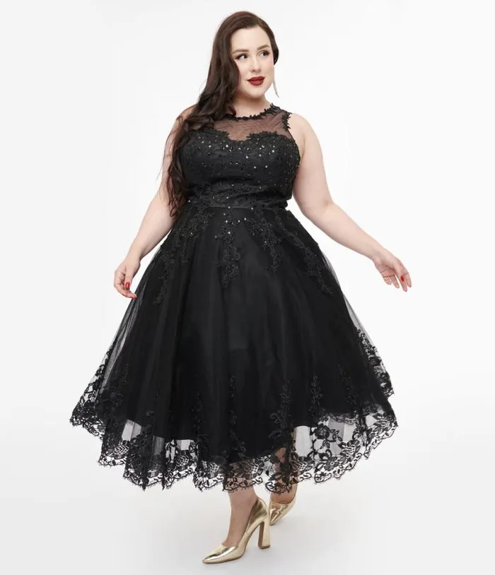 Plus Size 1950s Black Lace and Tulle Riviera Dress DressesPlus Unique Vintage Swing