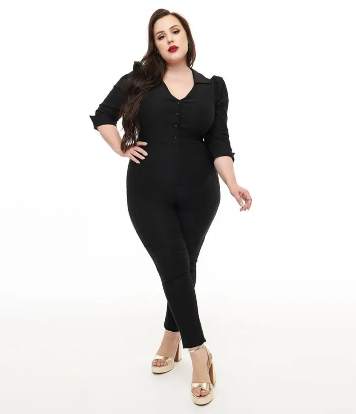 Plus Size 1950s Black Puff Sleeve Jumpsuit ClothingPlus Unique Vintage Rompers and Jumpsuits Plus Size 1950s Black Puff Sleeve Jumpsuit ClothingPlus Unique Vintage Rompers and Jumpsuits