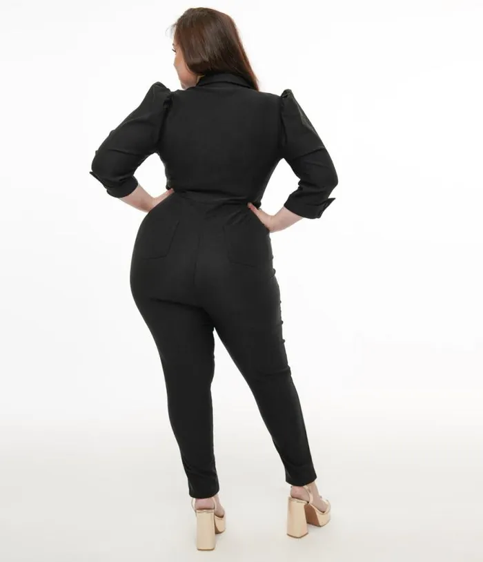 Plus Size 1950s Black Puff Sleeve Jumpsuit ClothingPlus Unique Vintage Rompers and Jumpsuits