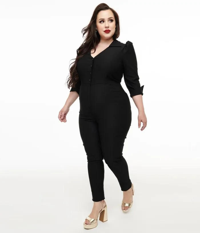 Plus Size 1950s Black Puff Sleeve Jumpsuit ClothingPlus Unique Vintage Rompers and Jumpsuits