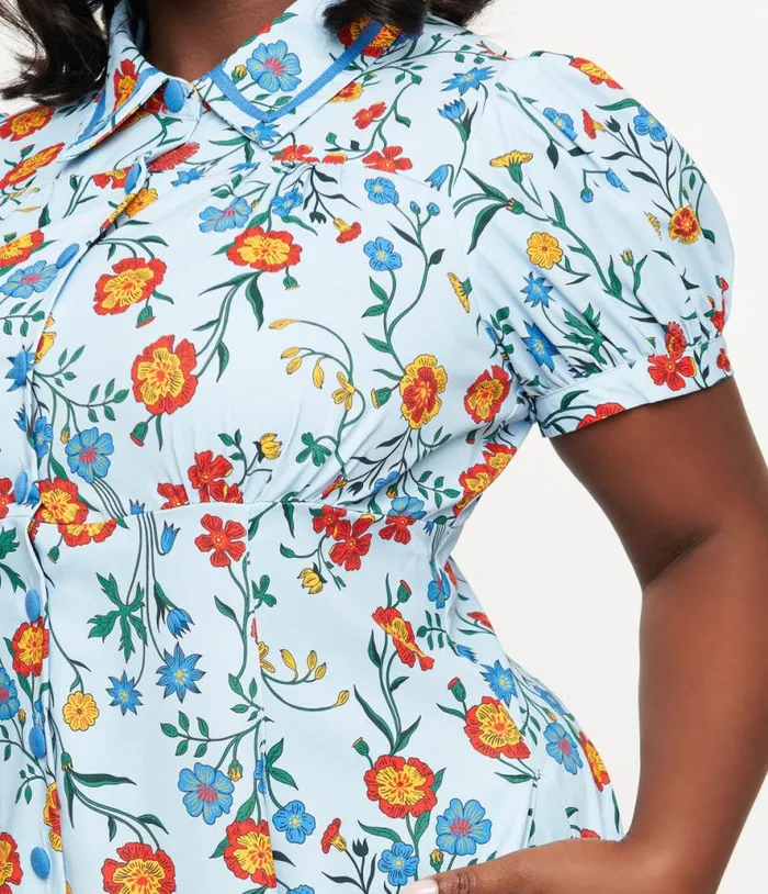 Plus Size 1950s Blue Floral Fit and Flare Dress Dresses Unique Vintage Fit and Flare