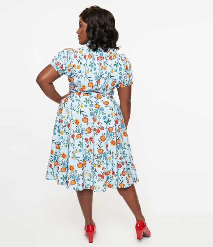 Plus Size 1950s Blue Floral Fit and Flare Dress Dresses Unique Vintage Fit and Flare