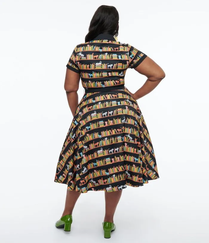 Plus Size 1950s Cat and Bookshelf Print Alexis Swing Dress DressesPlus Unique Vintage Pocket Dresses
