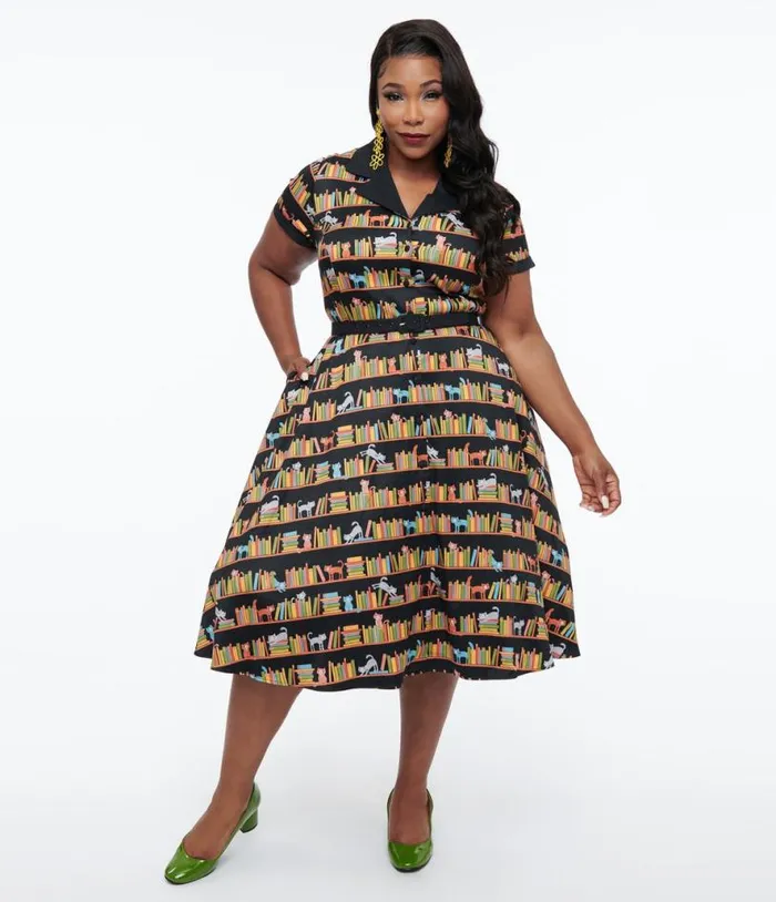 Plus Size 1950s Cat and Bookshelf Print Alexis Swing Dress DressesPlus Unique Vintage Pocket Dresses
