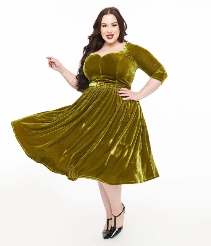 Plus Size 1950s Chartreuse Velvet Sweetheart Swing Dress DressesPlus Unique Vintage Swing