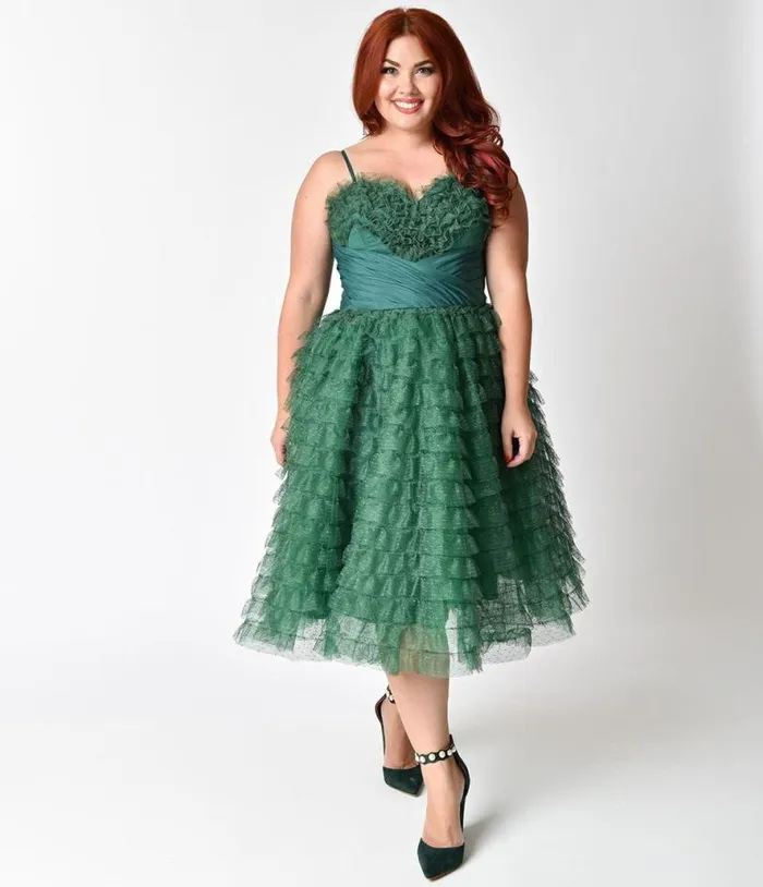 Plus Size 1950s Emerald Green Ruffled Tulle Sweetheart Cupcake Swing Dress DressesPlus Unique Vintage Swing Plus Size 1950s Emerald Green Ruffled Tulle Sweetheart Cupcake Swing Dress DressesPlus Unique Vintage Swing