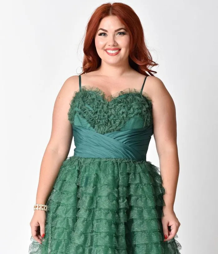 Plus Size 1950s Emerald Green Ruffled Tulle Sweetheart Cupcake Swing Dress DressesPlus Unique Vintage Swing