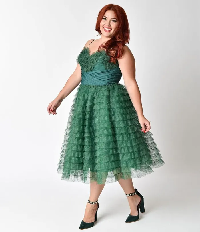 Plus Size 1950s Emerald Green Ruffled Tulle Sweetheart Cupcake Swing Dress DressesPlus Unique Vintage Swing