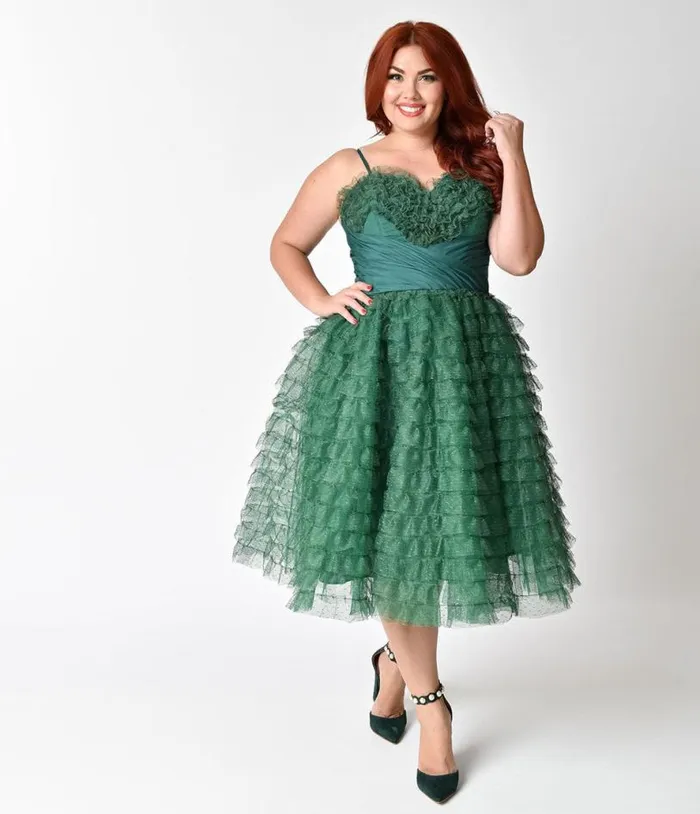 Plus Size 1950s Emerald Green Ruffled Tulle Sweetheart Cupcake Swing Dress DressesPlus Unique Vintage Swing
