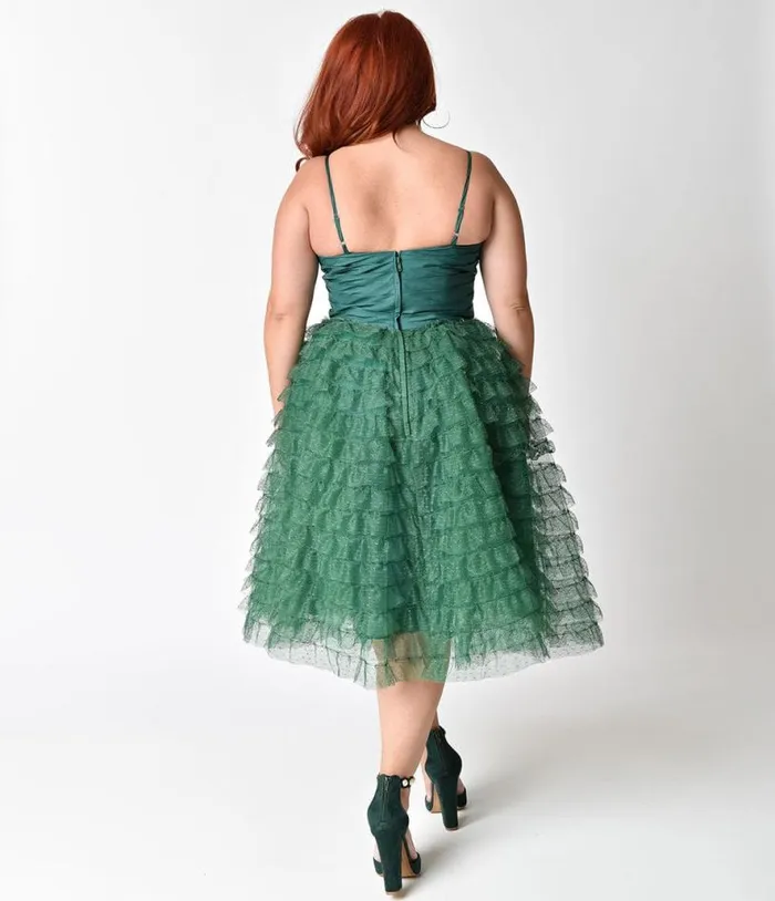 Plus Size 1950s Emerald Green Ruffled Tulle Sweetheart Cupcake Swing Dress DressesPlus Unique Vintage Swing
